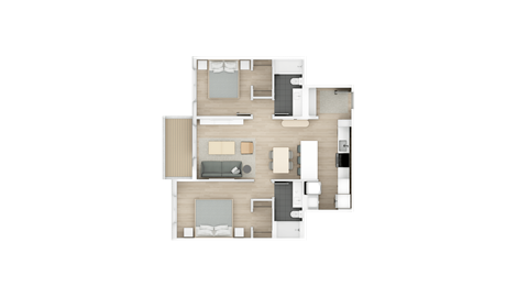 Floor plan for 2 beds, 2 baths, 887 sqft